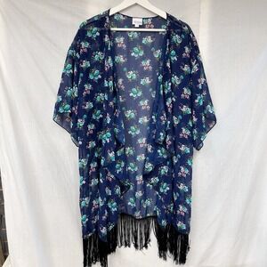 LuLaRoe Womens Large Jacket Blue Floral‎ Kimono Coverup with Fringe Excellent